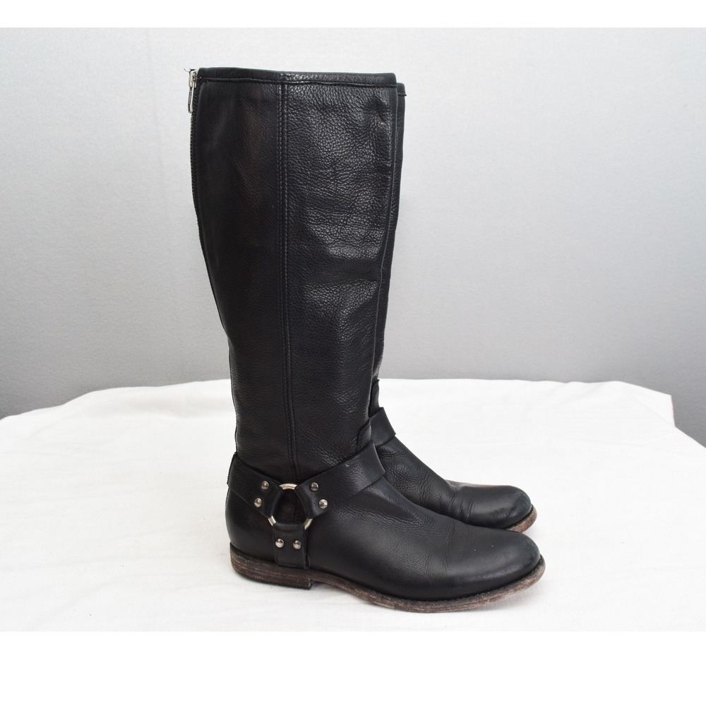 Frye Phillip Harness Tall Boots 7.5 Black Leather Back Zip Moto Women 76850 - Picture 4 of 8